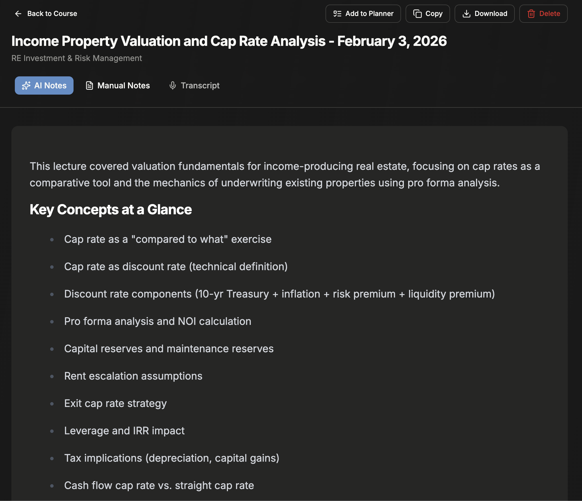 Lobe AI-synthesized lecture notes with key concepts