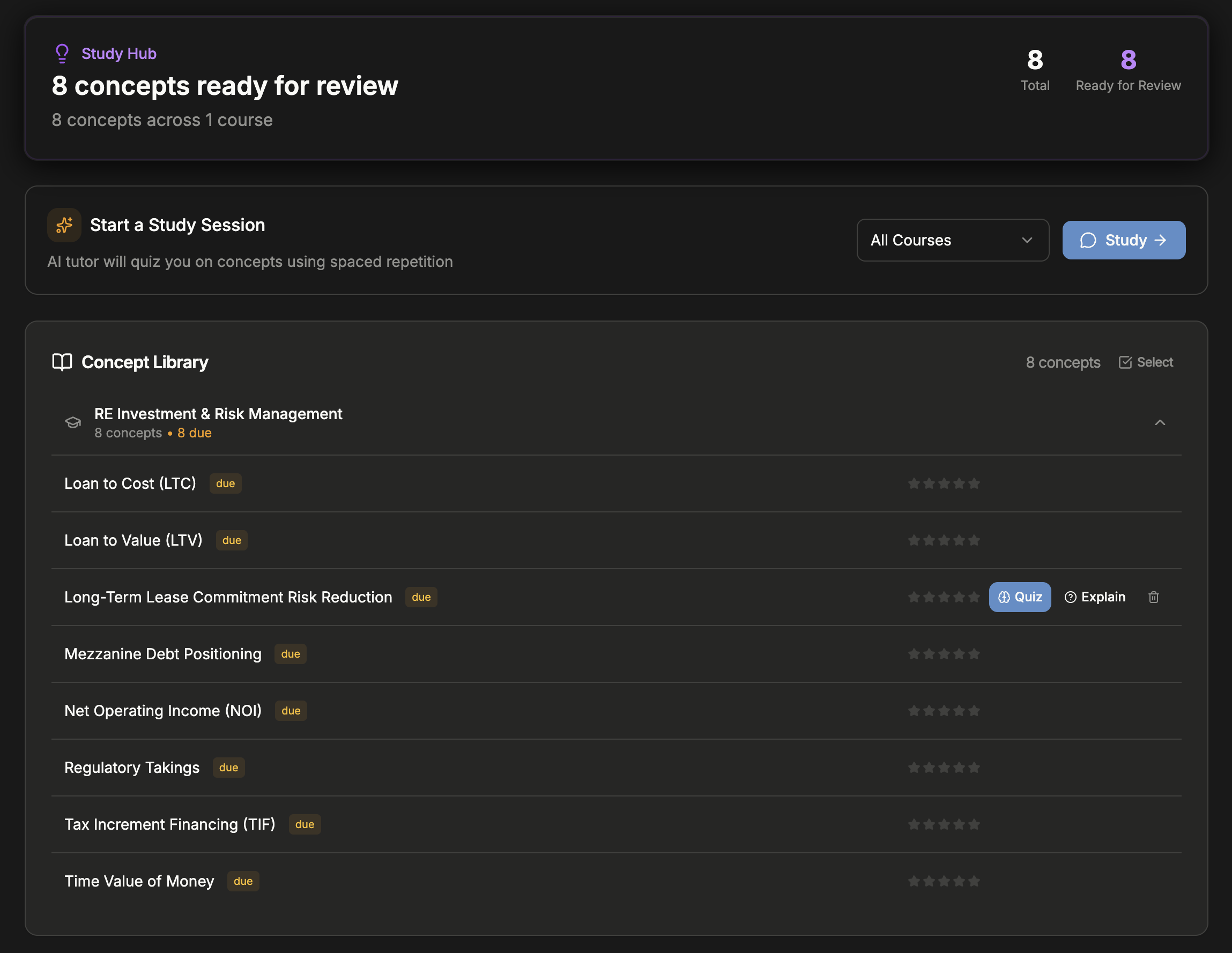 Lobe Study Hub with concept library and spaced repetition review